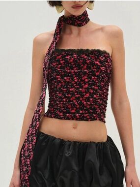 NWT For Love & Lemons Black Strapless Smocked Tube Top with Pink Floral